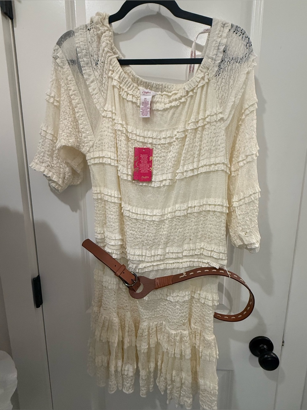 Candie's Cream Ruffle Tiered Dress with Belt